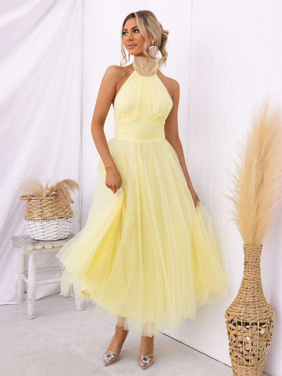 Tulle Midi Dress Halter Pleated Empire Waist Open Back Elegant Prom Dresses