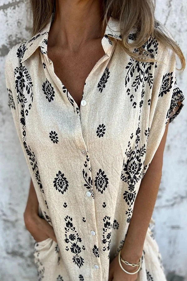 Linen Blend Unique Print Lapel Casual Pocket Mini Dress