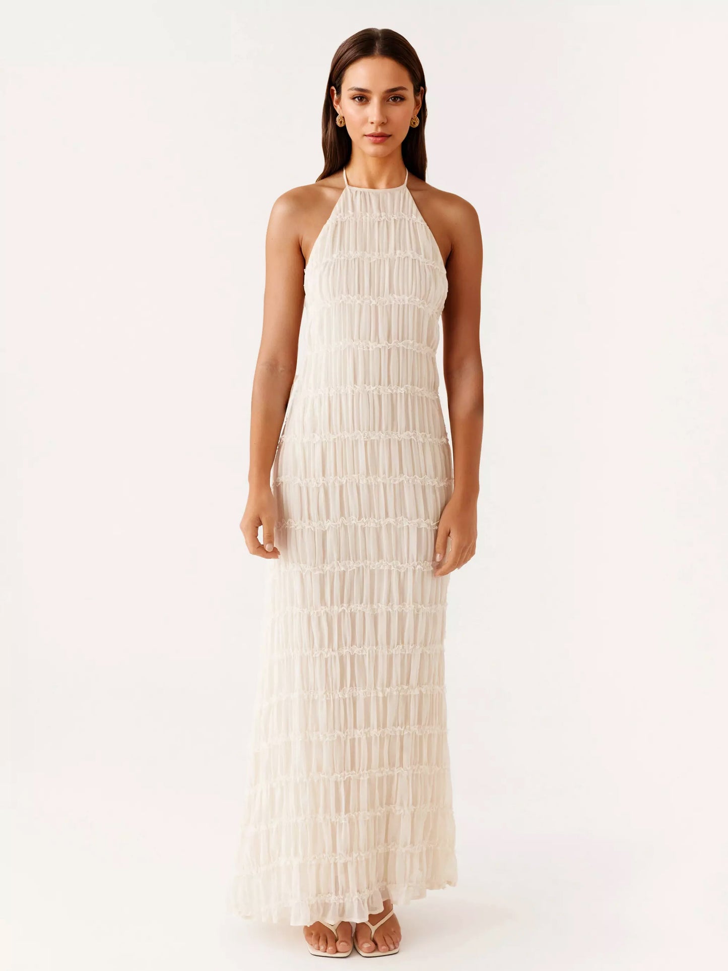 Halter Neck Pleated Maxi Dress for Women - Boho Ruched Backless Sleeveless Tiered Long Sundress - Summer Beach Event 2026