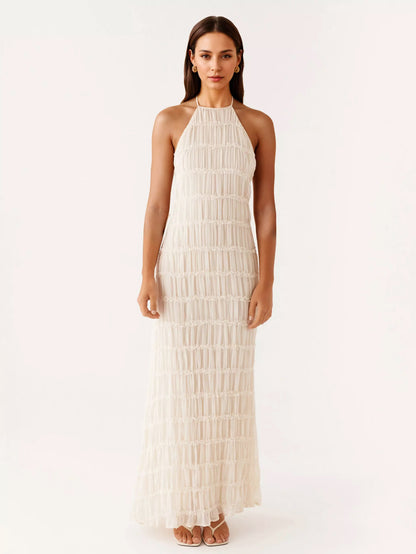Halter Neck Pleated Maxi Dress for Women - Boho Ruched Backless Sleeveless Tiered Long Sundress - Summer Beach Event 2026