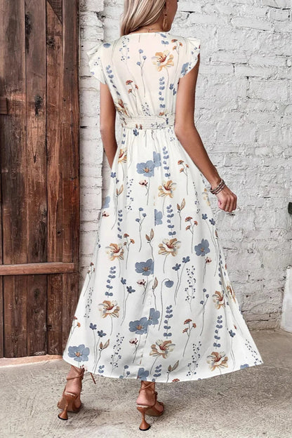 Lace-Trim V-Neck High Waist Slit Floral Maxi Dress