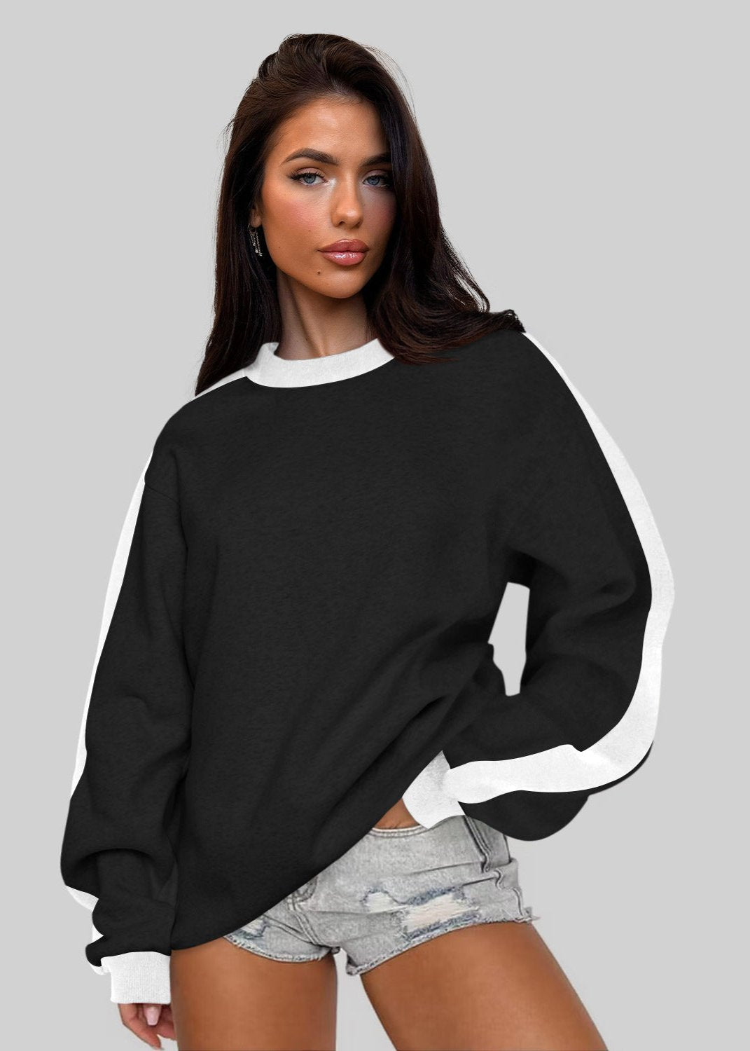 Contrast Color Round Neck Loose Sweater