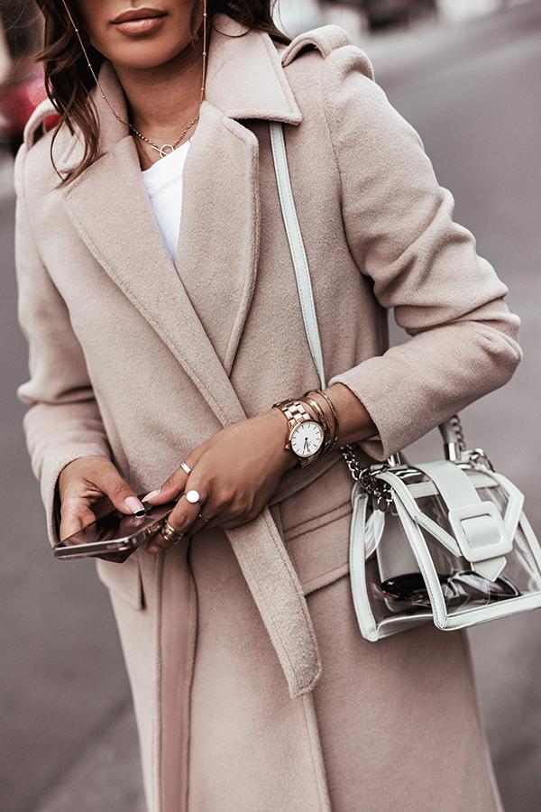 Simple Long-sleeved V-neck Tie Woolen Coat