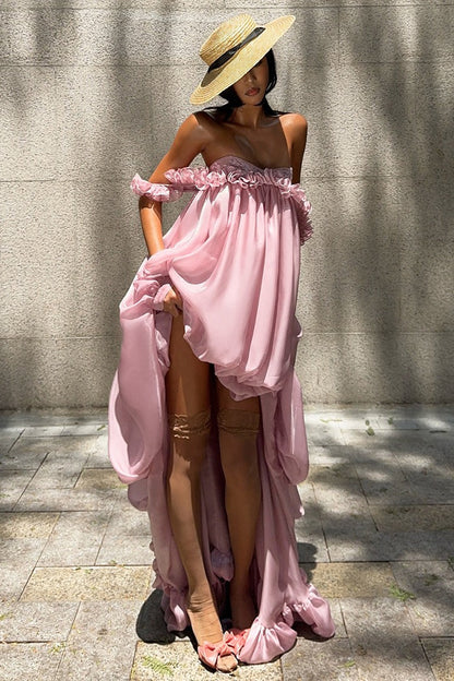 Off Shoulder Ruffle Bubble Hem High Low Organza Train Maxi Dress