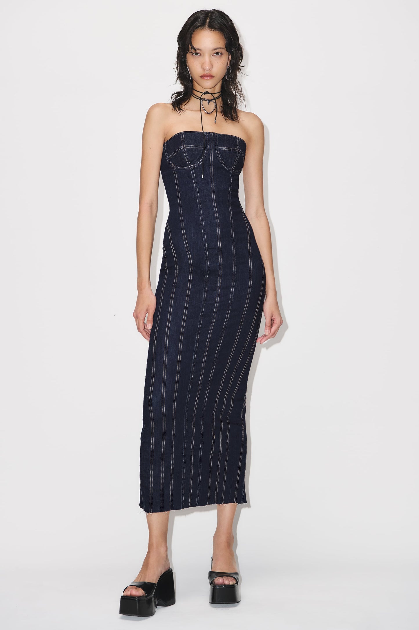 Arlene Strapless Back Slit Denim Maxi Dress
