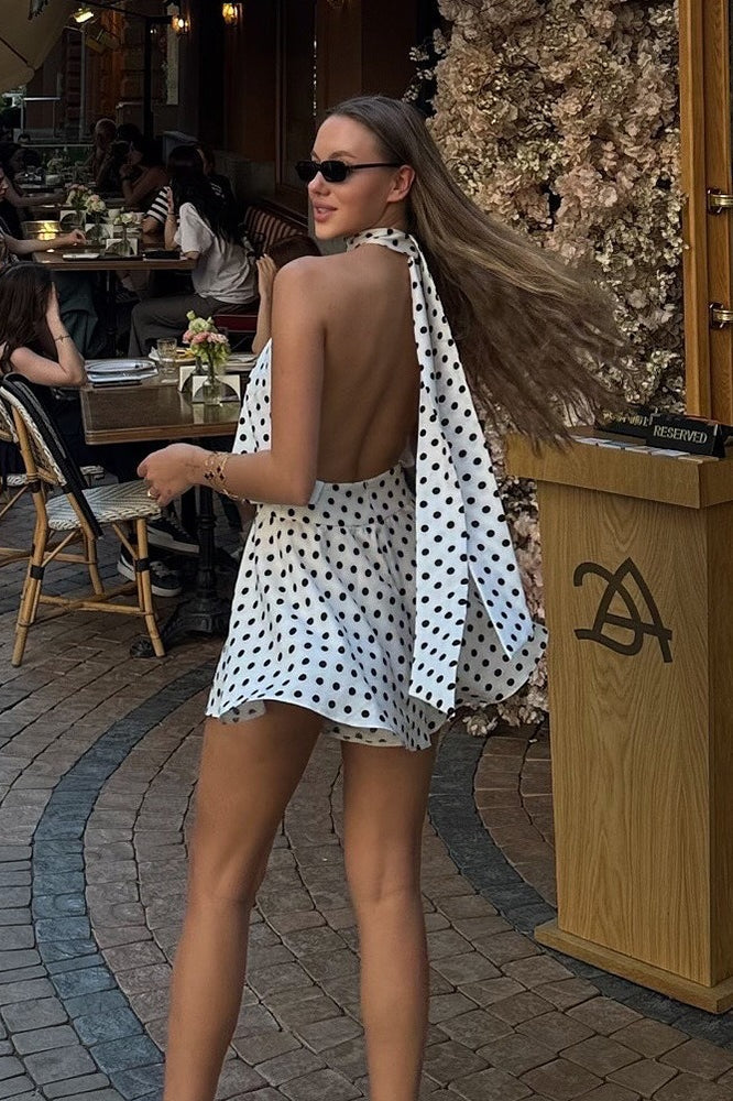 Polka Dot Halter Neck Backless Draped Blouson Top and Mini Skirt Two Piece Set