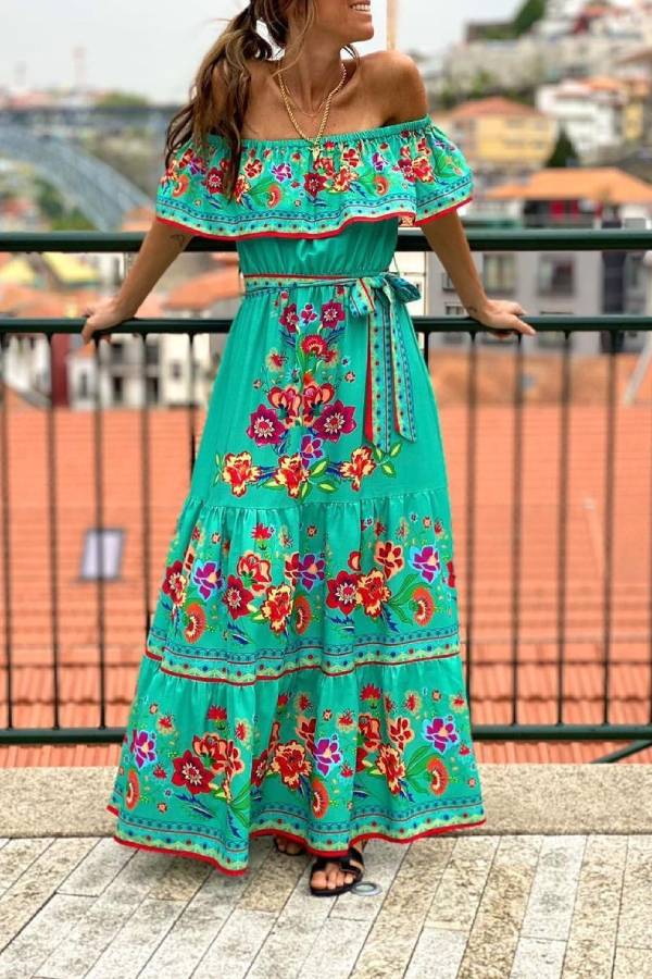 Off-shoulder printed long swing dress