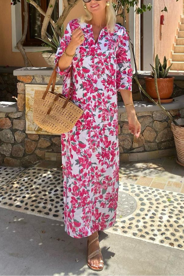 Floral mid-length sleeve V-neck slit long dress