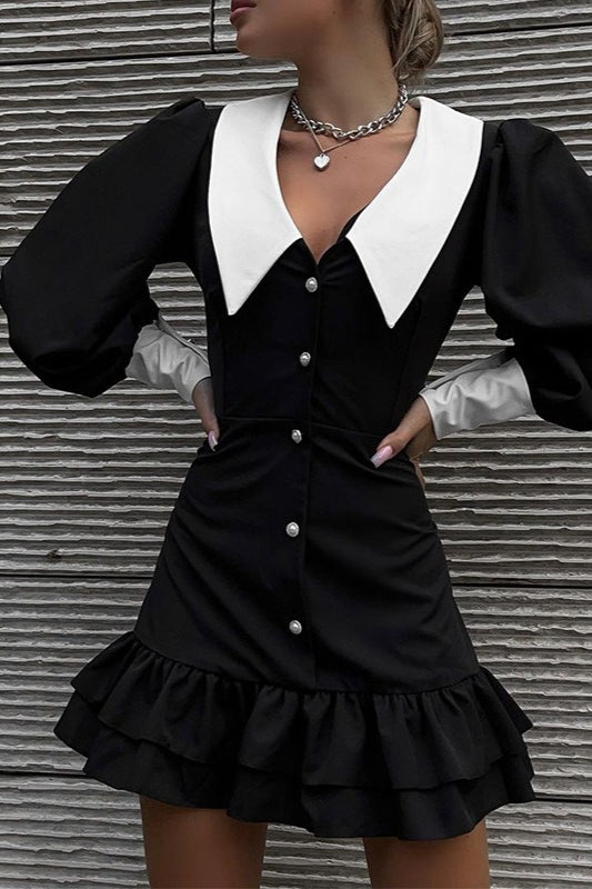 Contrast Point Collar Puff Sleeve Pearl Button Ruched Tiered Mini Dress