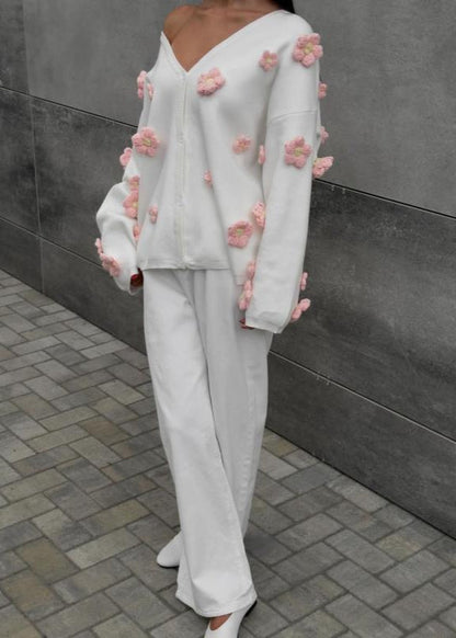 Blush Bloom - 3D Floral Knit Cardigan with V-Neck