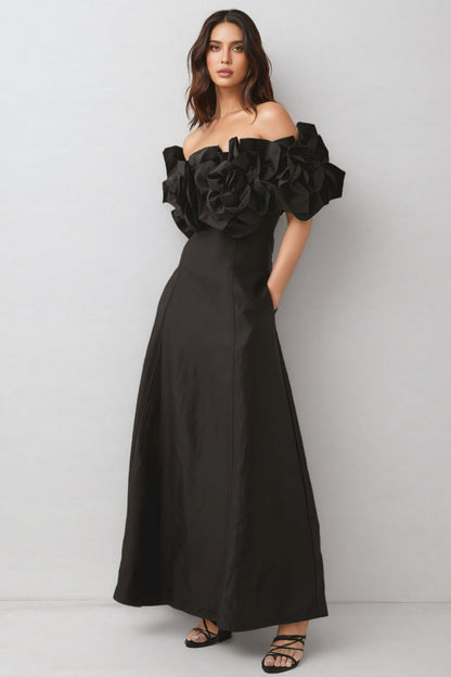 Paca Black Strapless 3D Floral Maxi Dress