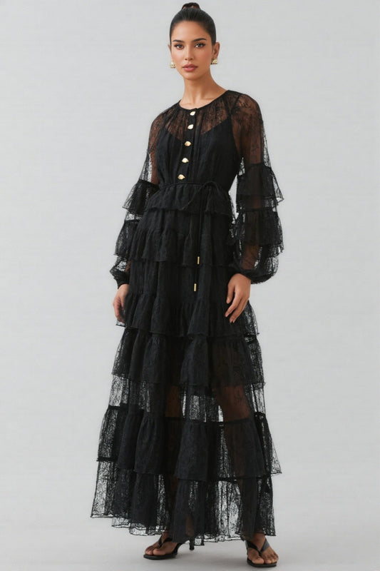 Varekx Black Round Neck Lace Maxi Dress
