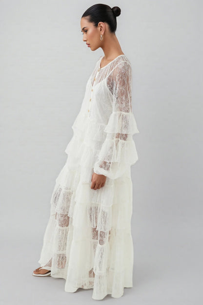 Wintk White Round Neck Lace Maxi Dress
