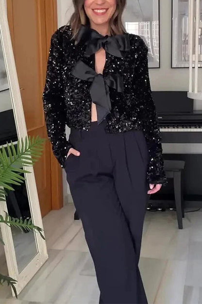 Long Sleeves Bow Knot Glitter Sequin Top