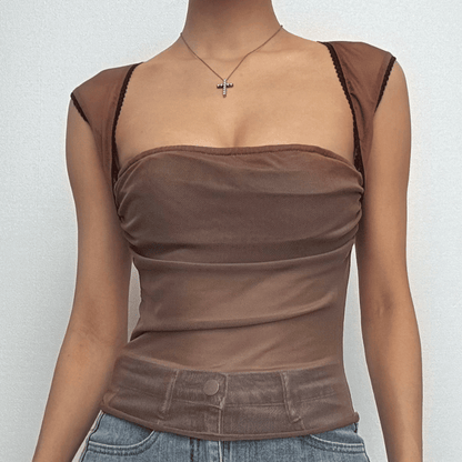 Cap sleeve mesh ruffle solid top