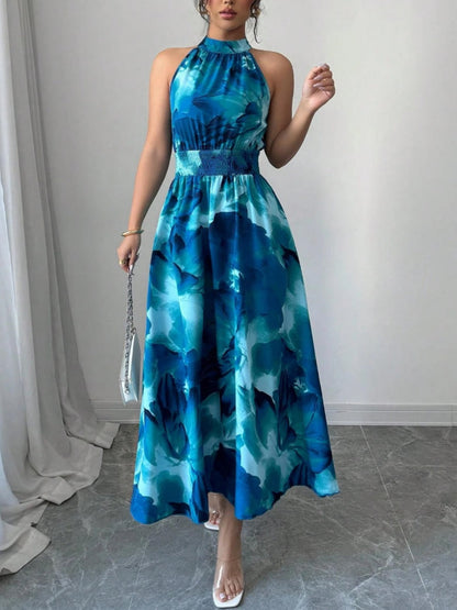 Printed Halter Sleeveless Vacation And Leisure Maxi Dresses