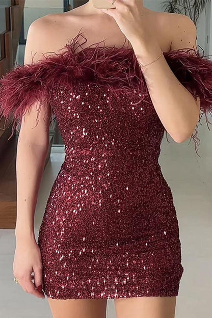 Off Shoulder Feather Trim Sequin Mini Party Dress