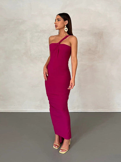 Oblique Twist Shoulder Backless Dress