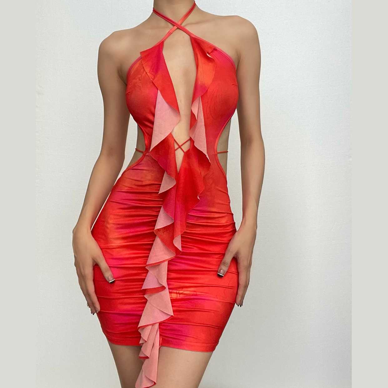 Halter Cross-Front Plunging Ruffle Trim Side Cutout Ruched Mini Dress