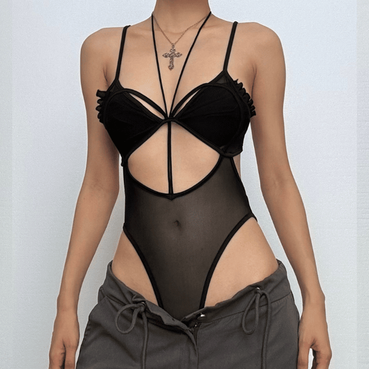 Mesh hollow out stitch ruffle solid cami bodysuit