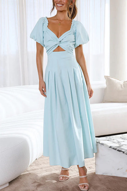 V Neck Twist Front Puff Sleeves Cut Out Maxi Dress