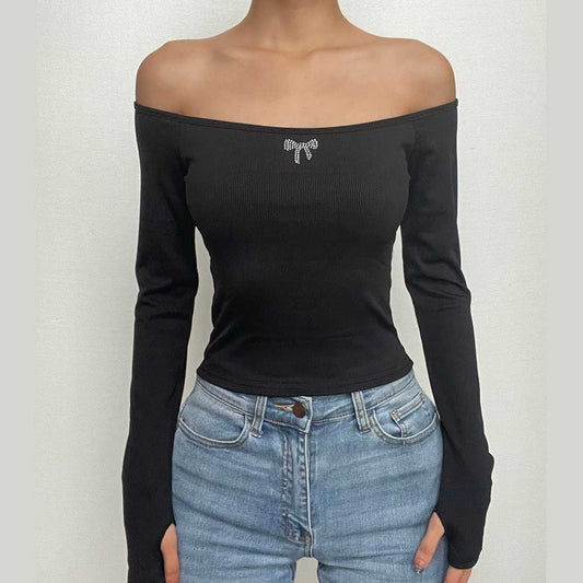 Off shoulder long sleeve gloves solid hollow out cut out top