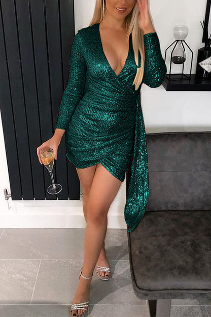 V Neck Draped Side Sequin Mini Party Dress