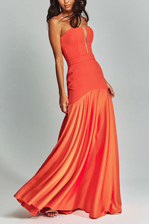 Mesh V Neck Strapless Splice Flare Maxi Party Dress