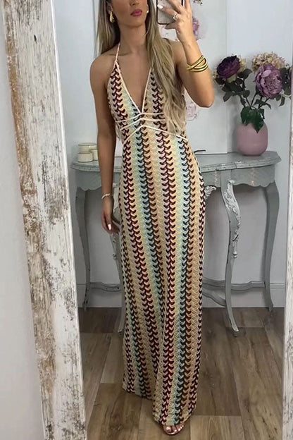 Meridress Halter V Neck Backless Color Block Crochet Maxi Dress