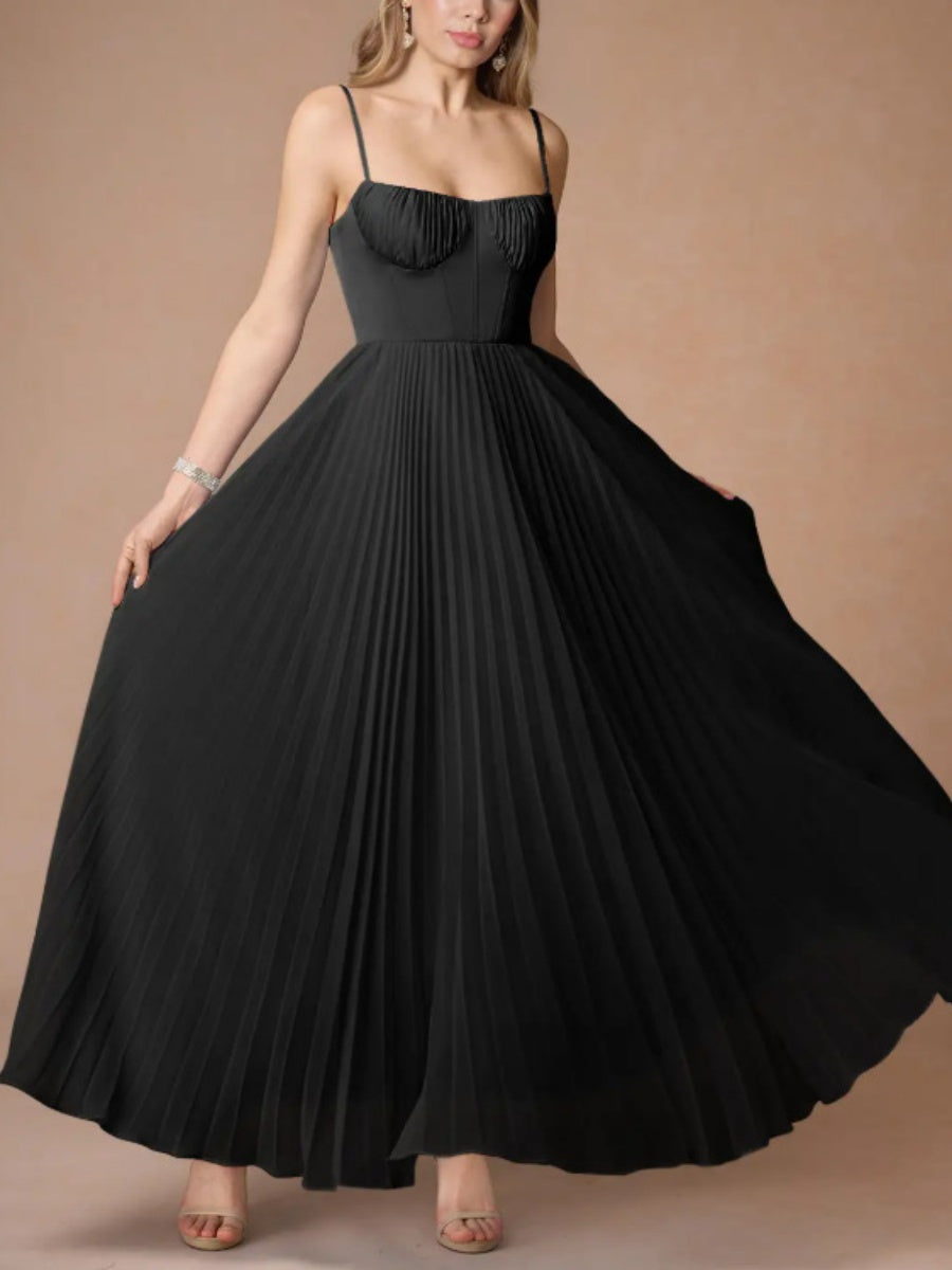 Sleeveless Deep V Slim Fit Pleated Camisoles Maxi Dresses