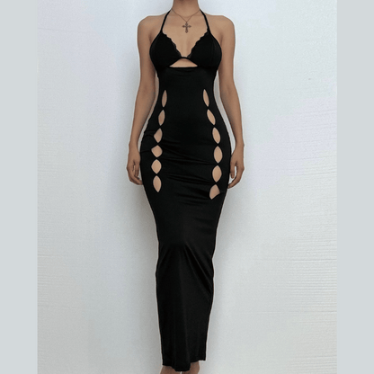 Halter v neck lace hem hollow out cut out maxi dress