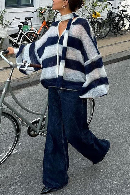 Lantern Sleeves Button Down Color Block Stripes Sweater with Scarf