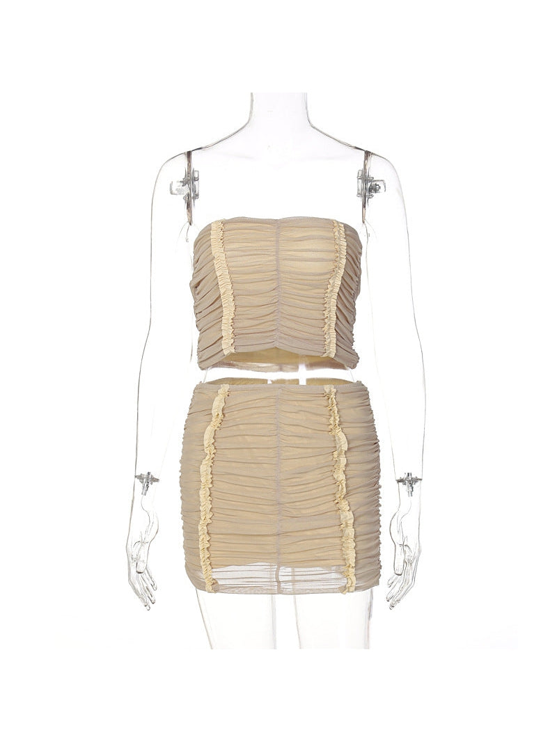 Tube Top Mesh Splicing Skirt Coord Set