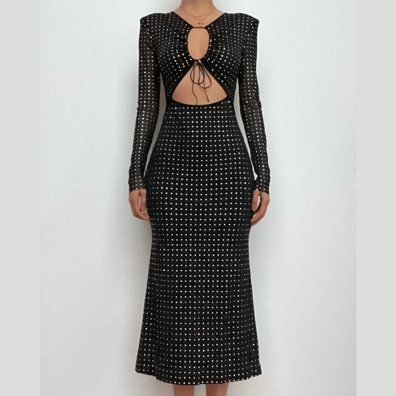 Rhinestone Grid Long Sleeve Keyhole Bow Tie Front Cutout Maxi Dress