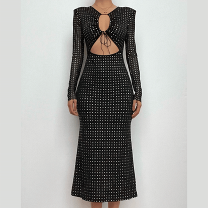 Rhinestone Grid Long Sleeve Keyhole Bow Tie Front Cutout Maxi Dress