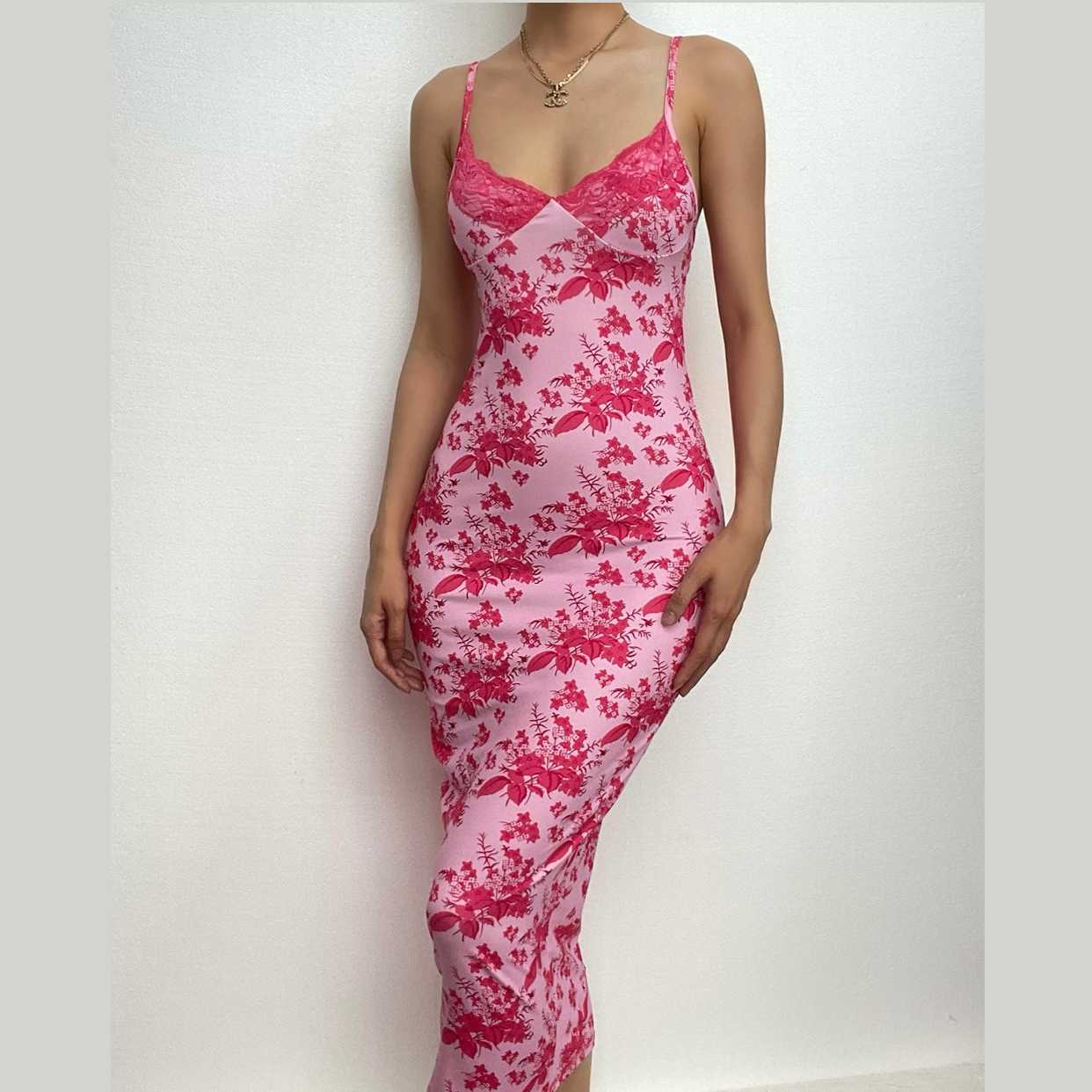 Floral Print Lace Trim Spaghetti Strap V Neck Bodycon Midi Dress