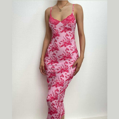 Floral Print Lace Trim Spaghetti Strap V Neck Bodycon Midi Dress
