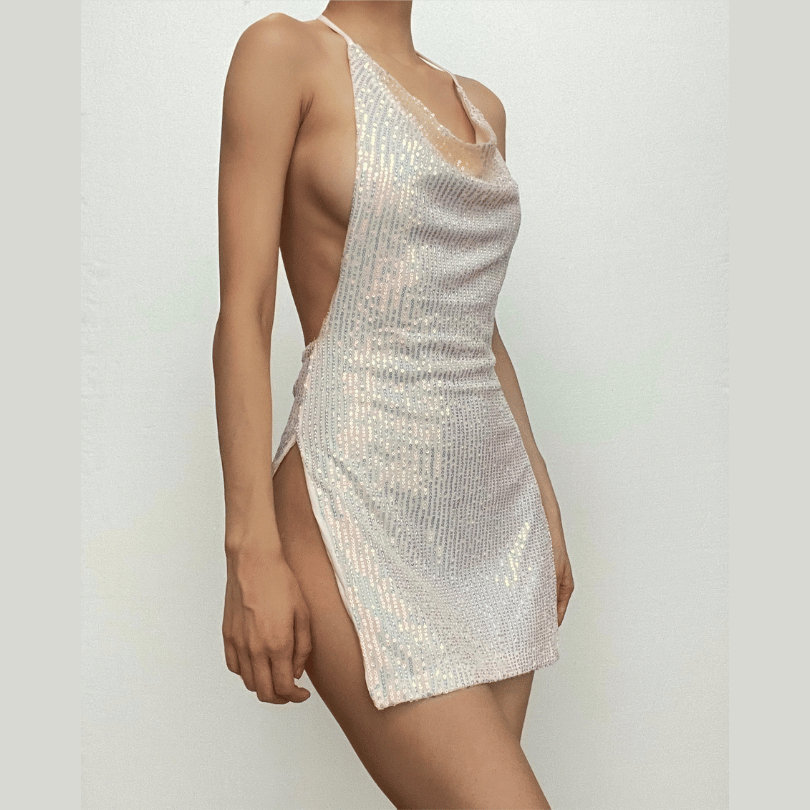 Glitter cowl neck halter slit backless mini dress-final-sale