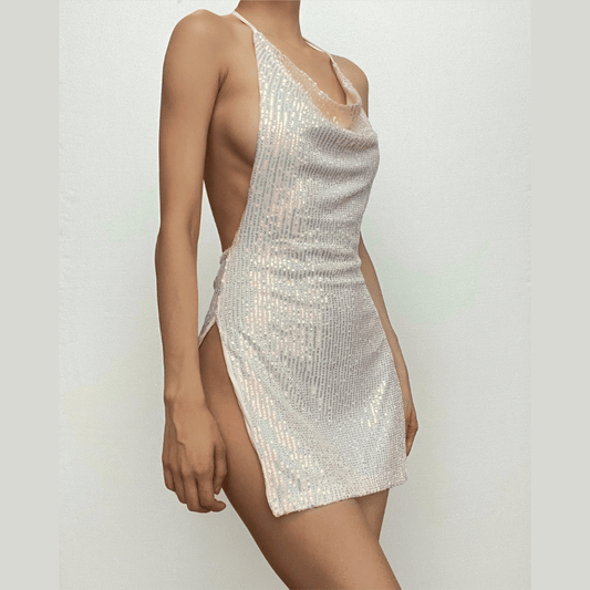 Glitter cowl neck halter slit backless mini dress-final-sale