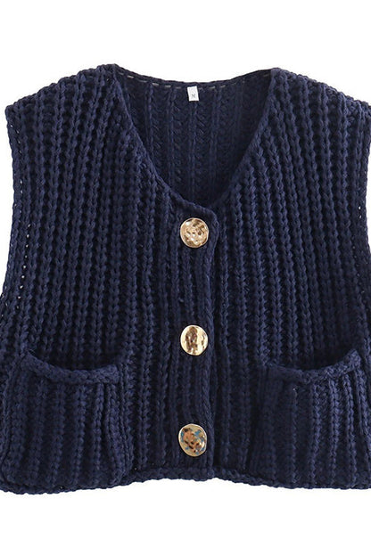 Gold Buttons Pocketed Chunky Sweater Vest