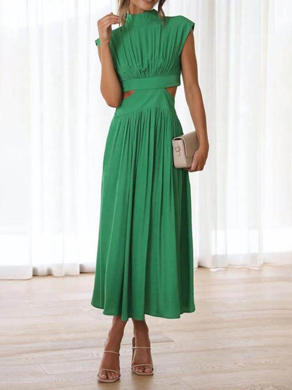 Mock Neck Sleeveless Waist Cutout Pocketed A-Line Midi Dress