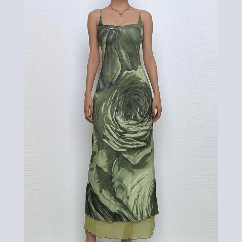 U neck flower print mesh cami maxi dress-final-sale