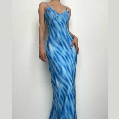 V Neck Spaghetti Strap Abstract Swirl Print Bodycon Maxi Dress