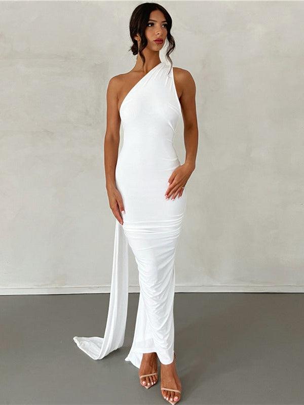 One Shoulder Backless Ruched Maxi Dress