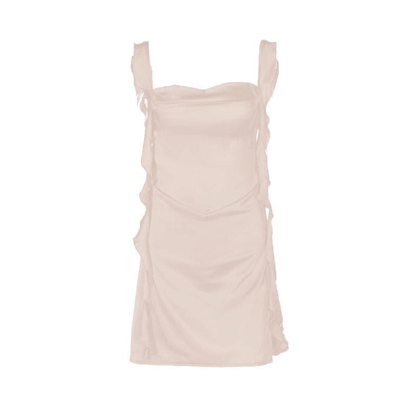 Cowl neck ruffle satin ruched cami mini dress