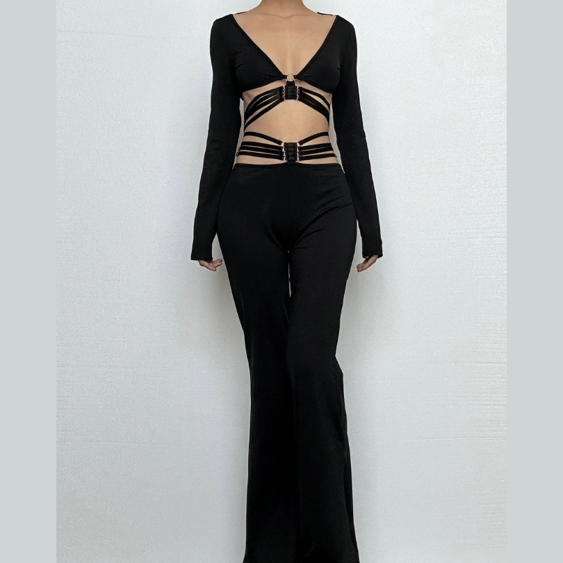 Long sleeve o ring button wide leg low rise pant set