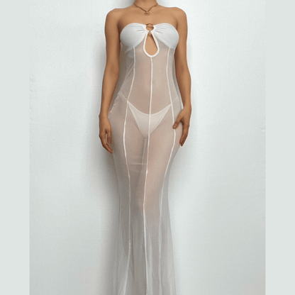 Mesh see through o ring hollow out backless tube cut out maxi dress