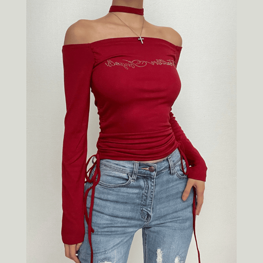 Beaded off shoulder drawstring choker long sleeve top-final-sale