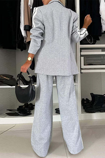 Patchwork Notch Lapel Pocketed Blazer Elastic Waist Wide Leg Pants Casual Set