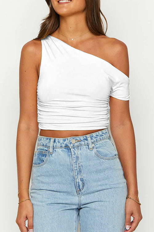 Asymmetrical Shoulder Ruched Crop Top